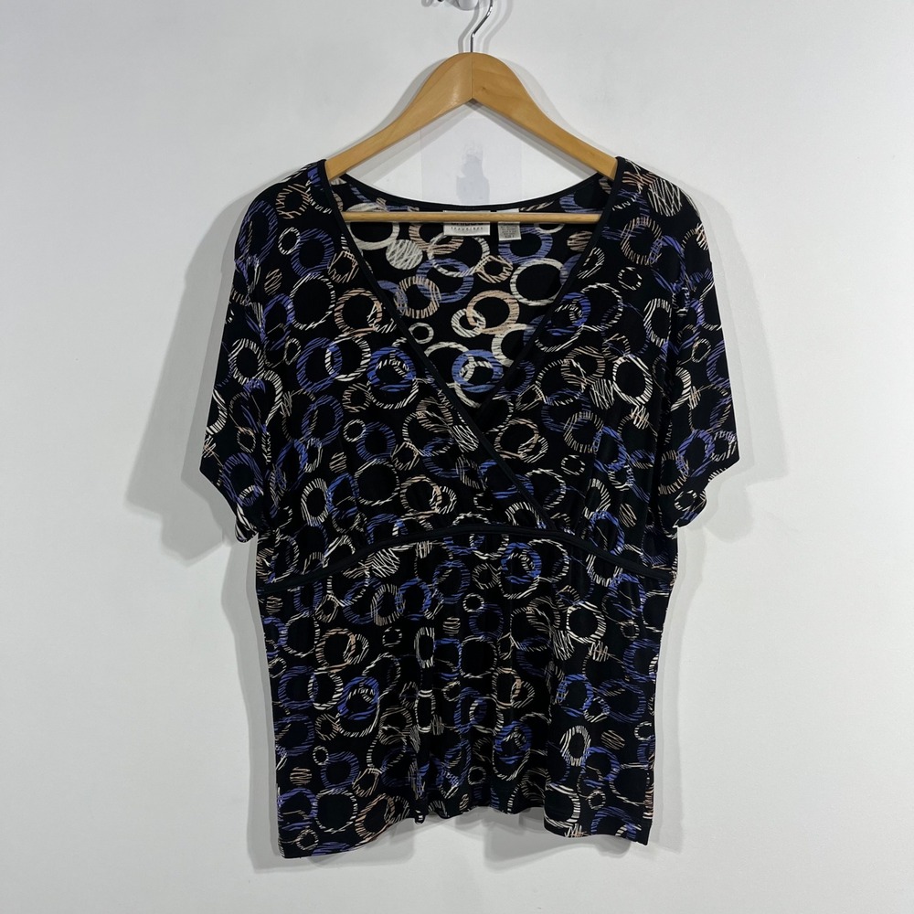 Chicos Travelers Geometric Print‎ Faux Wrap Top Empire Waist Womens XL Lagenlook
